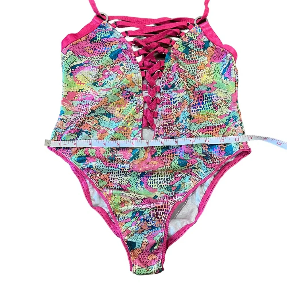 HTF Club Exx Hot Pink & Green Foil Lace Up Rivet Strappy Rave Halter Bodysuit - Picture 15 of 15